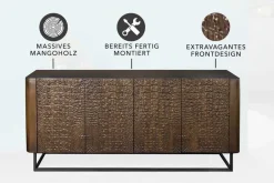 Handgefertigtes Sideboard CROCO 180cm gold braun Mangoholz mit 3D Schnitzereien massiv schwarz Metall
