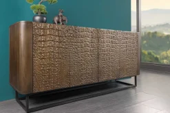Handgefertigtes Sideboard CROCO 180cm gold braun Mangoholz mit 3D Schnitzereien massiv schwarz Metall