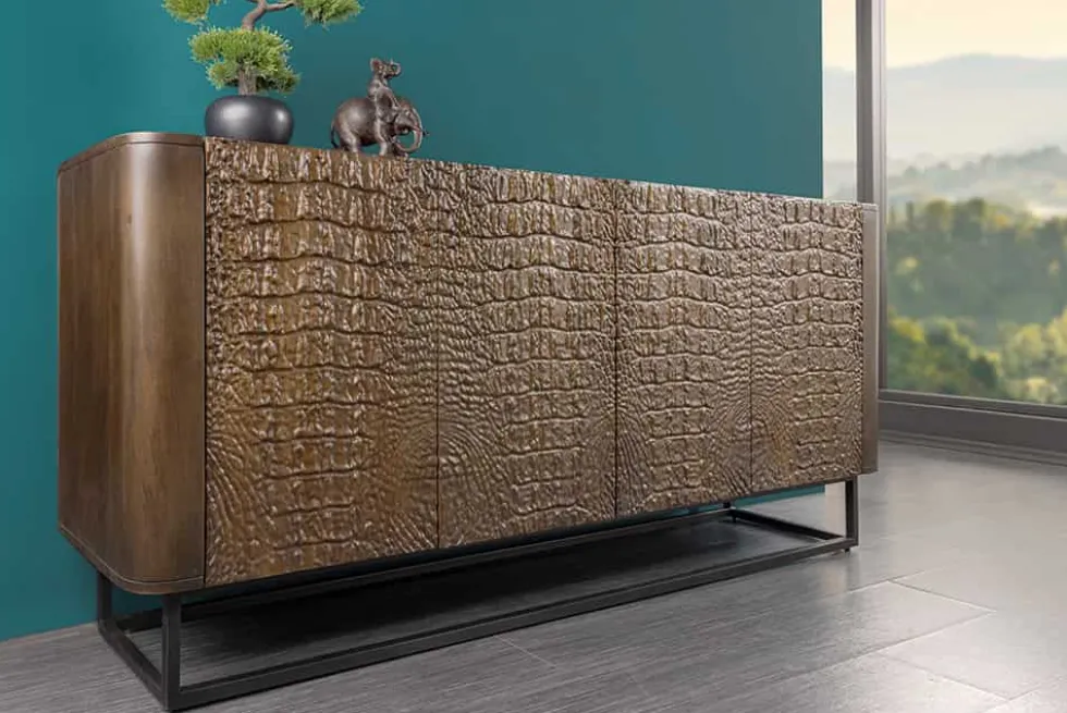 Handgefertigtes Sideboard CROCO 180cm gold braun Mangoholz mit 3D Schnitzereien massiv schwarz Metall