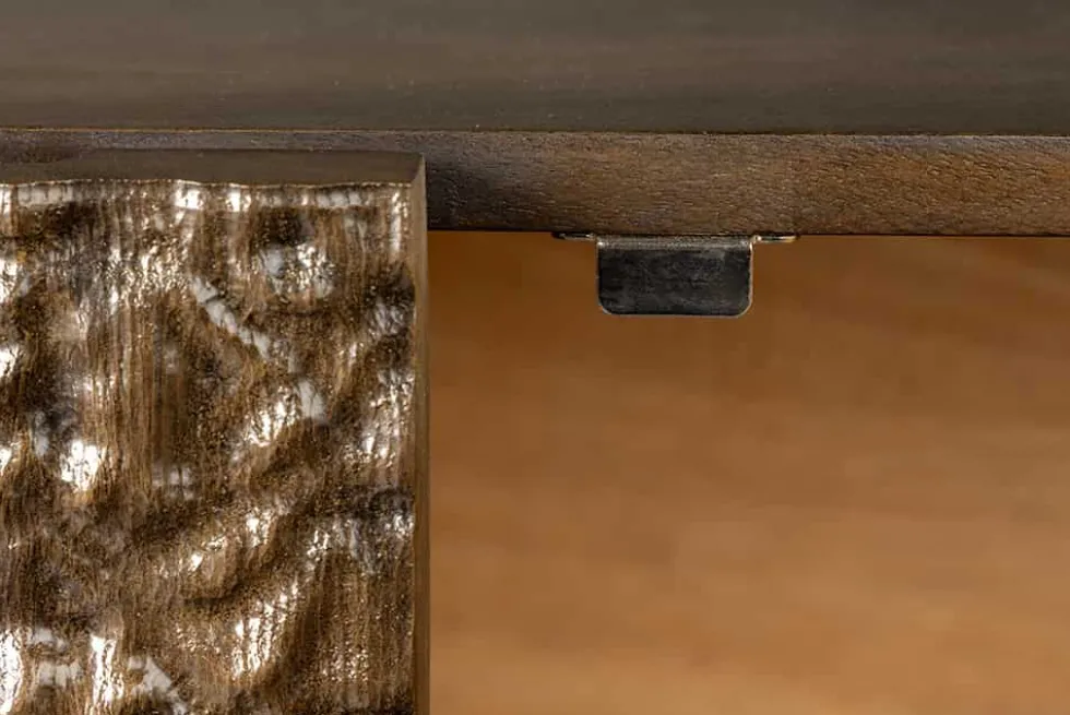 Handgefertigtes Sideboard CROCO 180cm gold braun Mangoholz mit 3D Schnitzereien massiv schwarz Metall