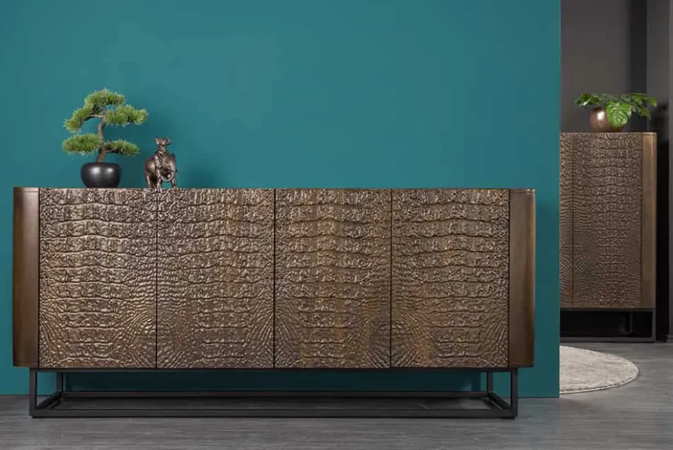 Handgefertigtes Sideboard CROCO 180cm gold braun Mangoholz mit 3D Schnitzereien massiv schwarz Metall