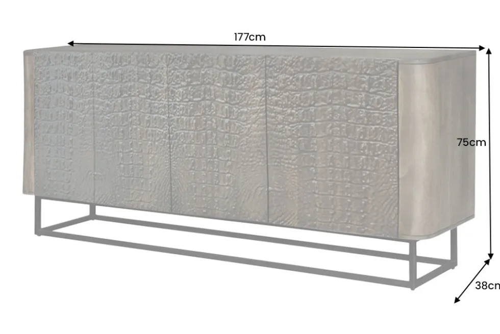 Handgefertigtes Sideboard CROCO 180cm gold braun Mangoholz mit 3D Schnitzereien massiv schwarz Metall