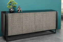 Handgefertigtes Sideboard CROCO 180cm grau schwarz Mangoholz mit 3D Schnitzereien massiv Metall