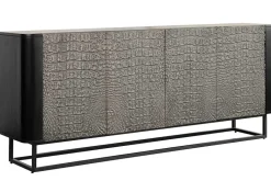 Handgefertigtes Sideboard CROCO 180cm grau schwarz Mangoholz mit 3D Schnitzereien massiv Metall