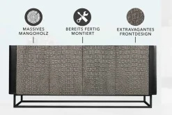 Handgefertigtes Sideboard CROCO 180cm grau schwarz Mangoholz mit 3D Schnitzereien massiv Metall