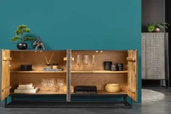 Handgefertigtes Sideboard CROCO 180cm grau schwarz Mangoholz mit 3D Schnitzereien massiv Metall