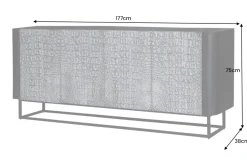 Handgefertigtes Sideboard CROCO 180cm grau schwarz Mangoholz mit 3D Schnitzereien massiv Metall