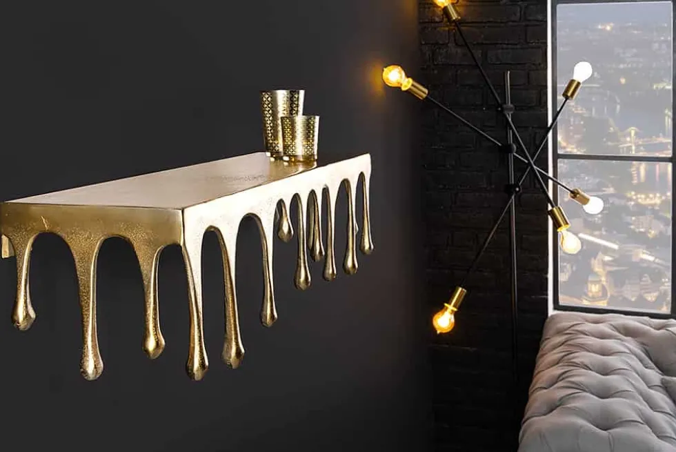 Handgefertigtes Wandregal LIQUID LINE 60cm gold antik Metall Tropfen-Design
