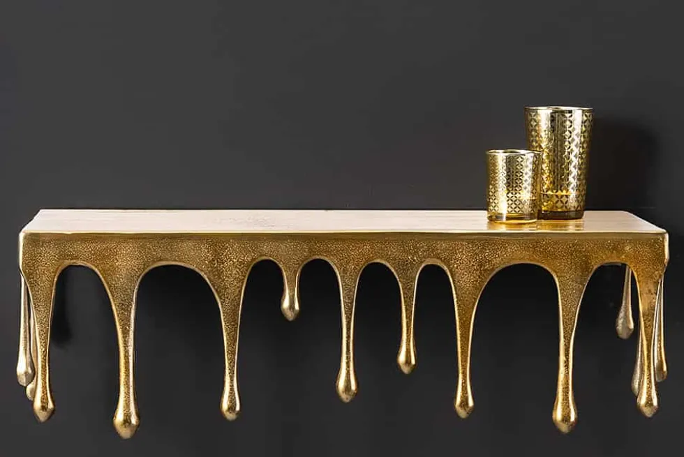 Handgefertigtes Wandregal LIQUID LINE 60cm gold antik Metall Tropfen-Design