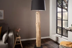 Handmade Stehlampe ROUSILIQUE 180cm schwarz Treibholzlampe Leinenschirm Baumstamm