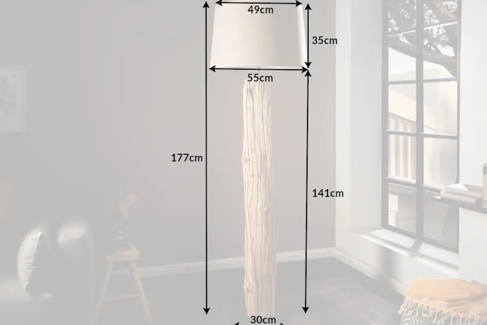 Handmade Stehlampe ROUSILIQUE 180cm beige Treibholzlampe Leinenschirm Baumstamm