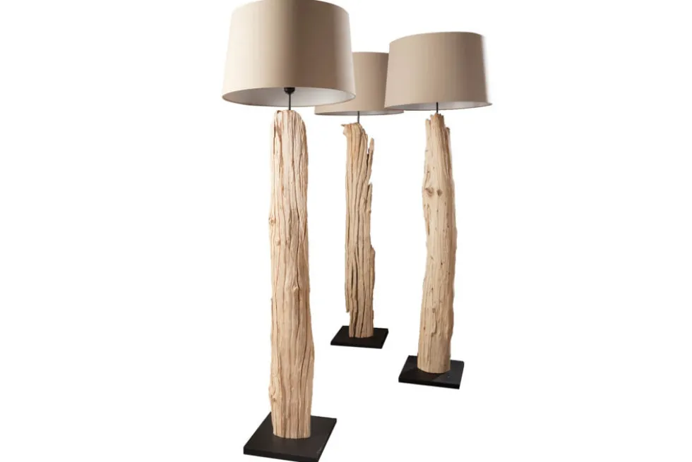 Handmade Stehlampe ROUSILIQUE 180cm beige Treibholzlampe Leinenschirm Baumstamm