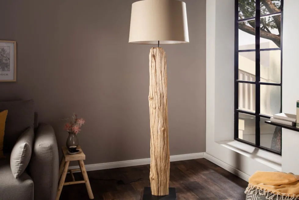 Handmade Stehlampe ROUSILIQUE 180cm beige Treibholzlampe Leinenschirm Baumstamm