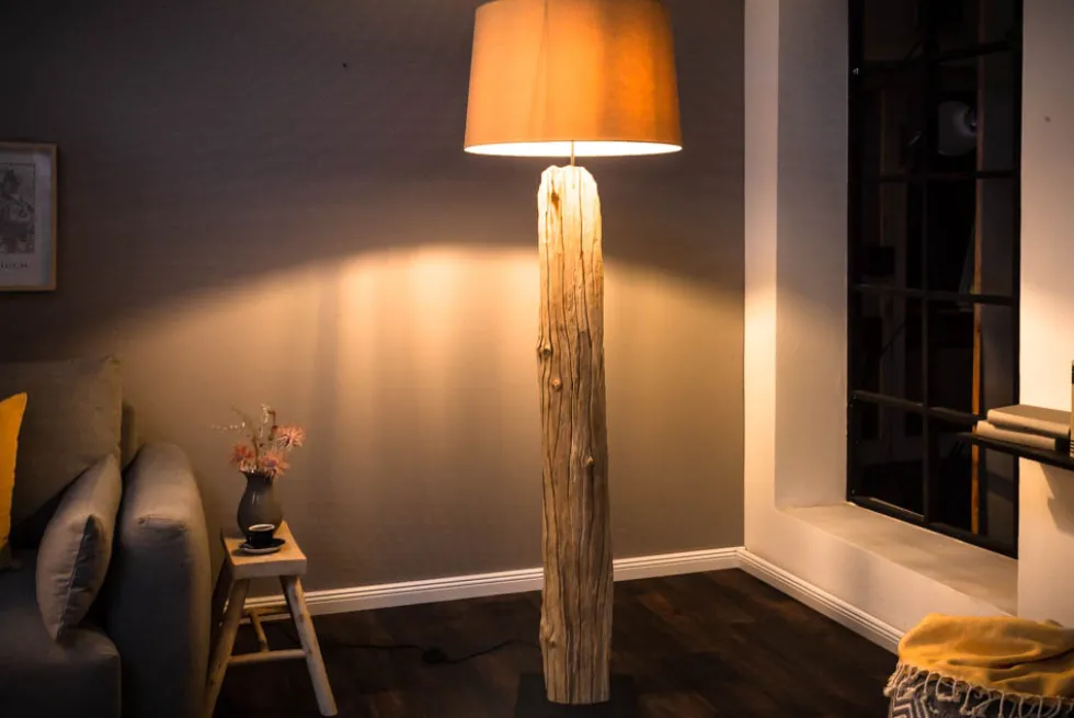 Handmade Stehlampe ROUSILIQUE 180cm beige Treibholzlampe Leinenschirm Baumstamm