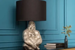 Handmade Tischlampe KONG 60cm silber Metall Affe Gorilla Dekoleuchte schwarzer Lampenschirm