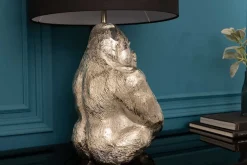 Handmade Tischlampe KONG 60cm silber Metall Affe Gorilla Dekoleuchte schwarzer Lampenschirm