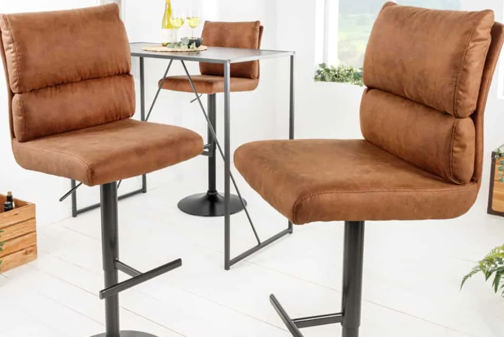 Höhenverstellbarer Barhocker COMFORT antik braun Microfaser drehbar mit Lehne Metall schwarz