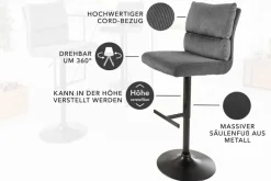 Höhenverstellbarer Barhocker COMFORT grau Cord drehbar mit Lehne Metall schwarz