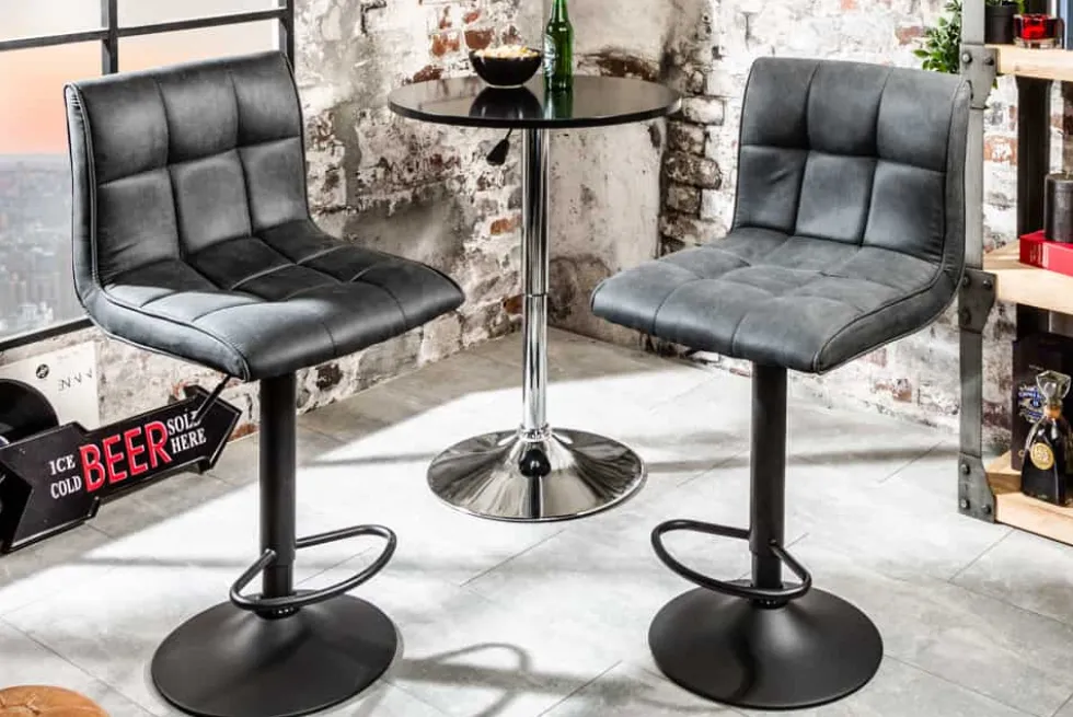 Höhenverstellbarer Barhocker MODENA vintage grau Microfaser Metall schwarz mit Lehne drehbar