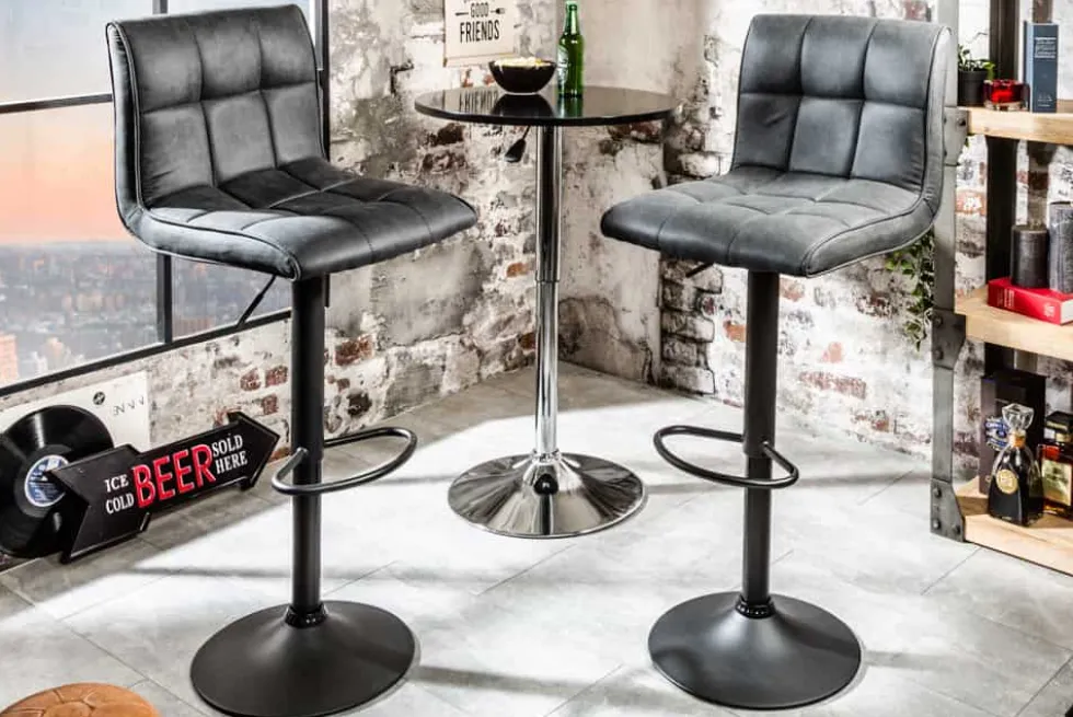 Höhenverstellbarer Barhocker MODENA vintage grau Microfaser Metall schwarz mit Lehne drehbar