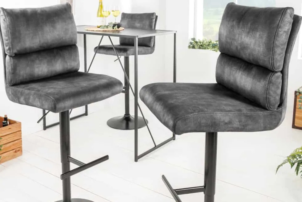 Höhenverstellbarer Barhocker COMFORT dunkelgrau Samt drehbar mit Lehne Metall schwarz