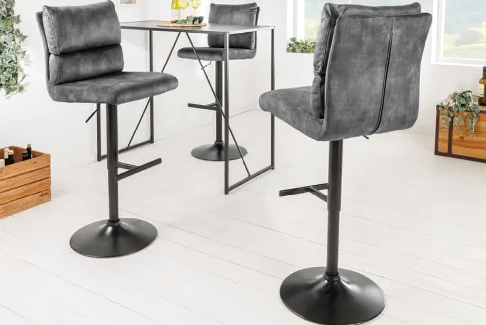 Höhenverstellbarer Barhocker COMFORT dunkelgrau Samt drehbar mit Lehne Metall schwarz