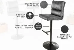 Höhenverstellbarer Barhocker COMFORT dunkelgrau Samt drehbar mit Lehne Metall schwarz