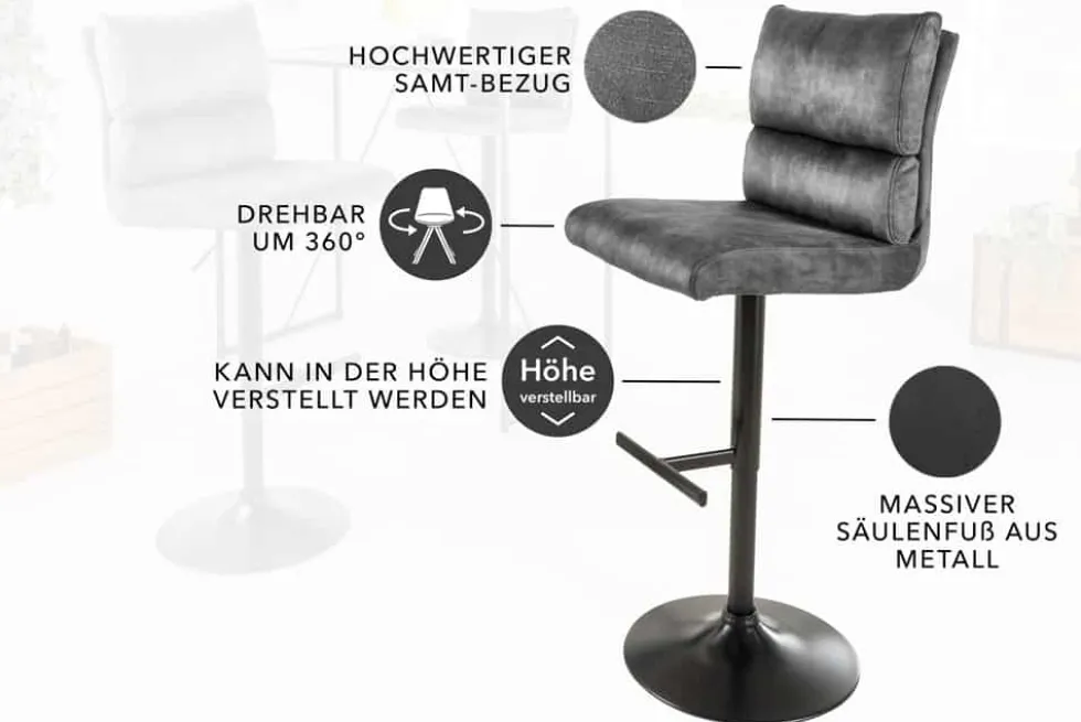 Höhenverstellbarer Barhocker COMFORT dunkelgrau Samt drehbar mit Lehne Metall schwarz