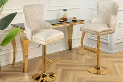 Höhenverstellbarer Barhocker CASTLE DELUXE beige Samt gold Edelstahl mit Löwenkopf