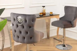 Höhenverstellbarer Barhocker CASTLE DELUXE grau Samt silber Edelstahl Löwenkopf