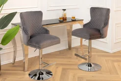 Höhenverstellbarer Barhocker CASTLE DELUXE grau Samt silber Edelstahl Löwenkopf