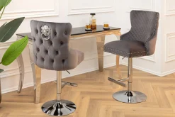 Höhenverstellbarer Barhocker CASTLE DELUXE grau Samt silber Edelstahl Löwenkopf
