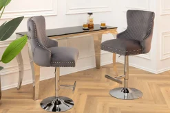 Höhenverstellbarer Barhocker CASTLE DELUXE grau Samt silber Edelstahl Löwenkopf
