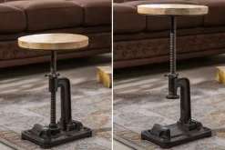 Höhenverstellbarer Beistelltisch ENGINEER 30cm Mangoholz Industrial Design massiv rund Eisen