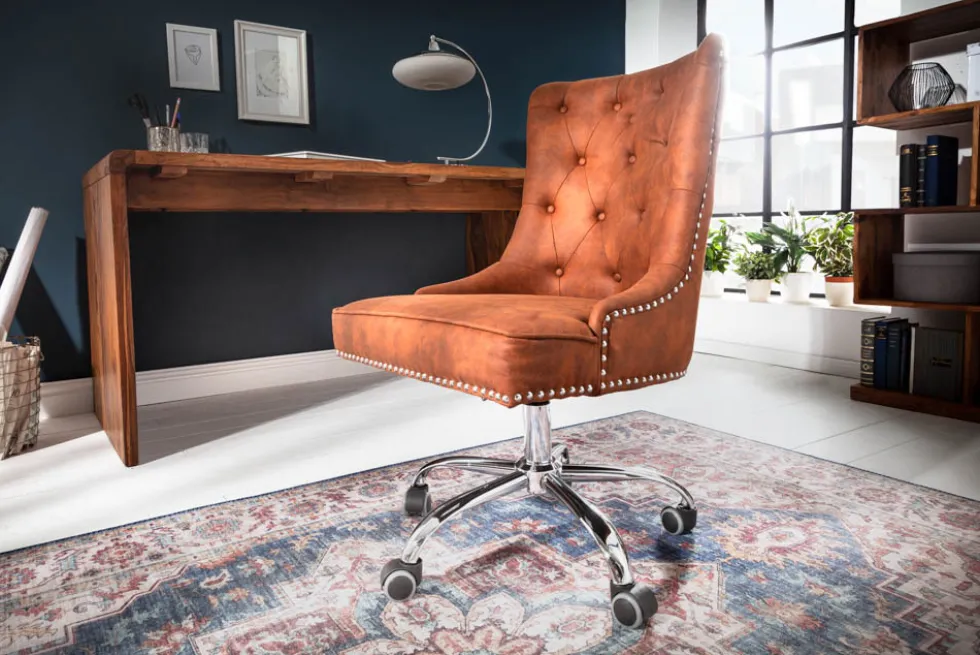 Höhenverstellbarer Bürostuhl VICTORIAN vintage hellbraun mit Chesterfield-Steppung