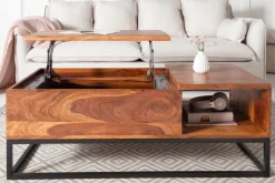 Höhenverstellbarer Couchtisch MAKASSAR FUNCTION 110cm braun Sheesham Massivholz stone finish