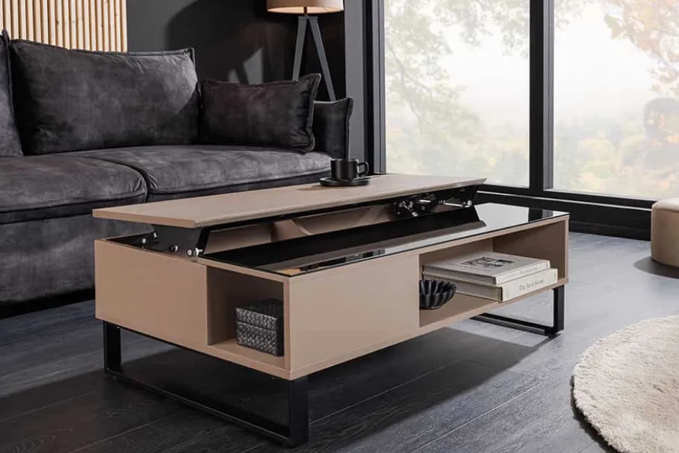 Höhenverstellbarer Couchtisch APARTMENT 110cm taupe greige schwarz Metall Stauraum