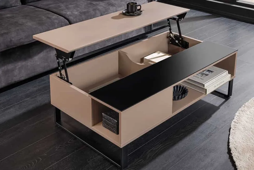 Höhenverstellbarer Couchtisch APARTMENT 110cm taupe greige schwarz Metall Stauraum