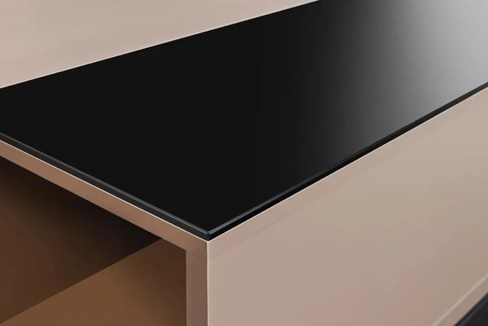 Höhenverstellbarer Couchtisch APARTMENT 110cm taupe greige schwarz Metall Stauraum
