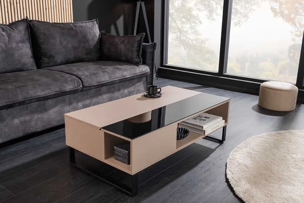 Höhenverstellbarer Couchtisch APARTMENT 110cm taupe greige schwarz Metall Stauraum