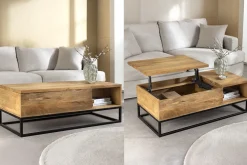 Höhenverstellbarer Couchtisch MAKASSAR FUNCTION 110cm natur cream finish Mangoholz massiv