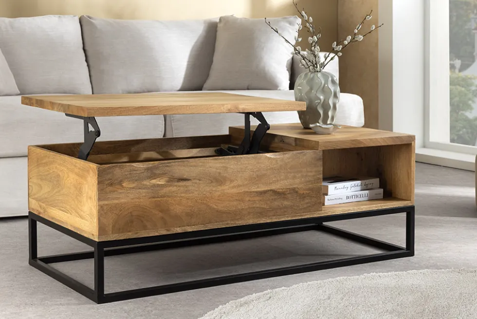 Höhenverstellbarer Couchtisch MAKASSAR FUNCTION 110cm natur cream finish Mangoholz massiv