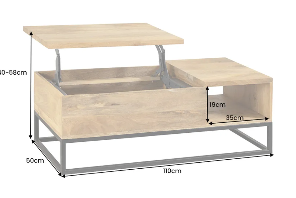 Höhenverstellbarer Couchtisch MAKASSAR FUNCTION 110cm natur cream finish Mangoholz massiv