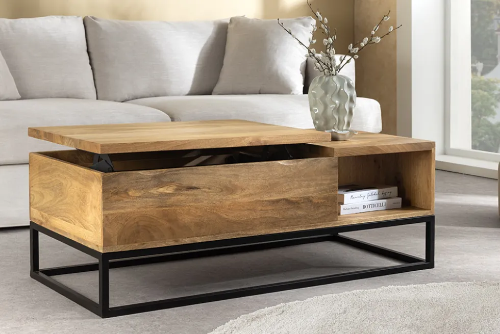 Höhenverstellbarer Couchtisch MAKASSAR FUNCTION 110cm natur cream finish Mangoholz massiv