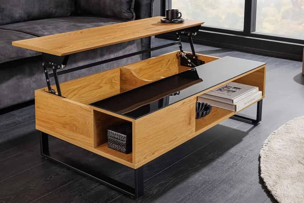 Höhenverstellbarer Couchtisch APARTMENT 110cm natur Eiche schwarz Metall Stauraum