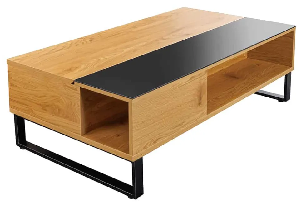 Höhenverstellbarer Couchtisch APARTMENT 110cm natur Eiche schwarz Metall Stauraum