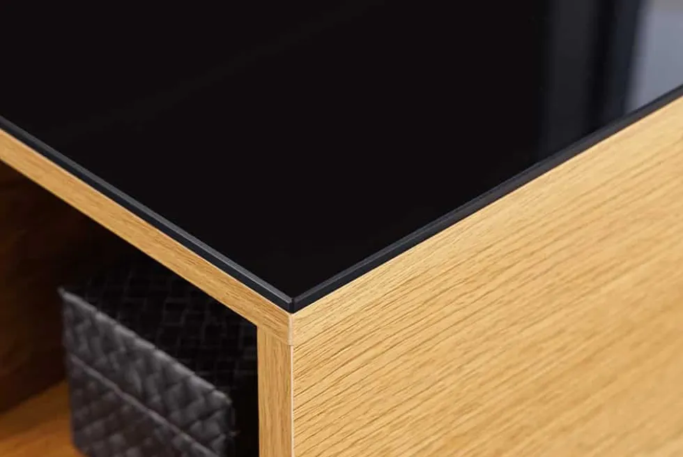 Höhenverstellbarer Couchtisch APARTMENT 110cm natur Eiche schwarz Metall Stauraum