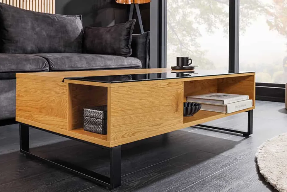 Höhenverstellbarer Couchtisch APARTMENT 110cm natur Eiche schwarz Metall Stauraum