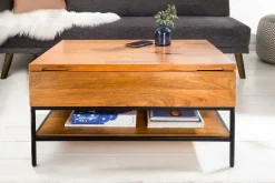 Höhenverstellbarer Couchtisch FACTORY LIFTUP 80cm Mangoholz massiv mit Stauraum Metall