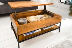 Höhenverstellbarer Couchtisch FACTORY LIFTUP 80cm Mangoholz massiv mit Stauraum Metall